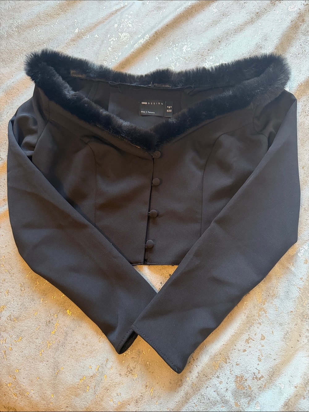 ASOS Black Off-Shoulder Faux Fur Trim Crop Top
